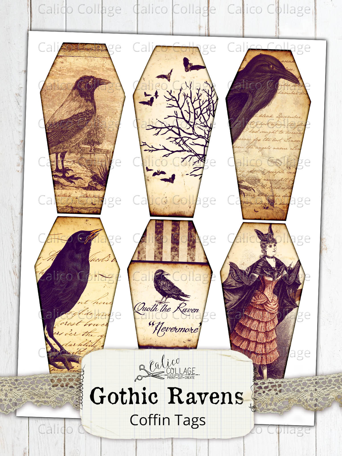 Printable Gothic Raven Coffin Tags, Junk Journal Supplies