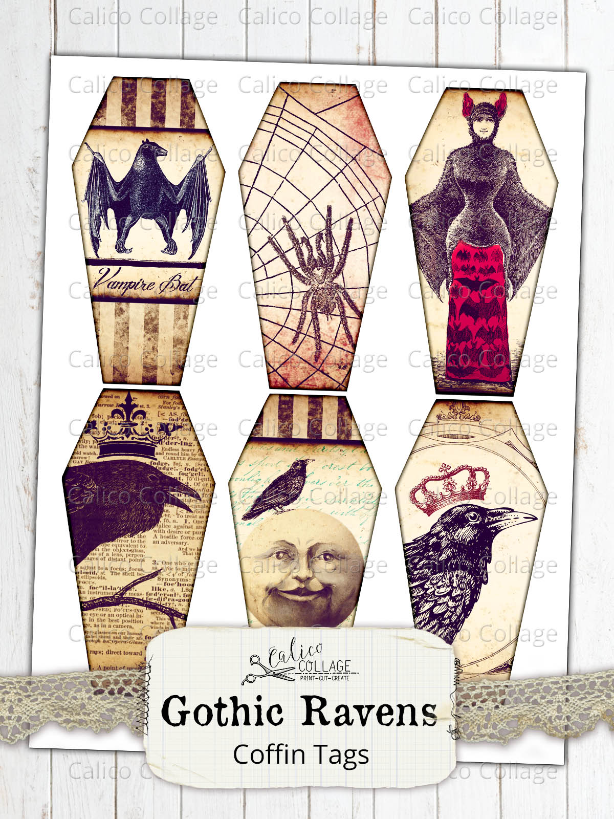 Printable Gothic Raven Coffin Tags, Junk Journal Supplies