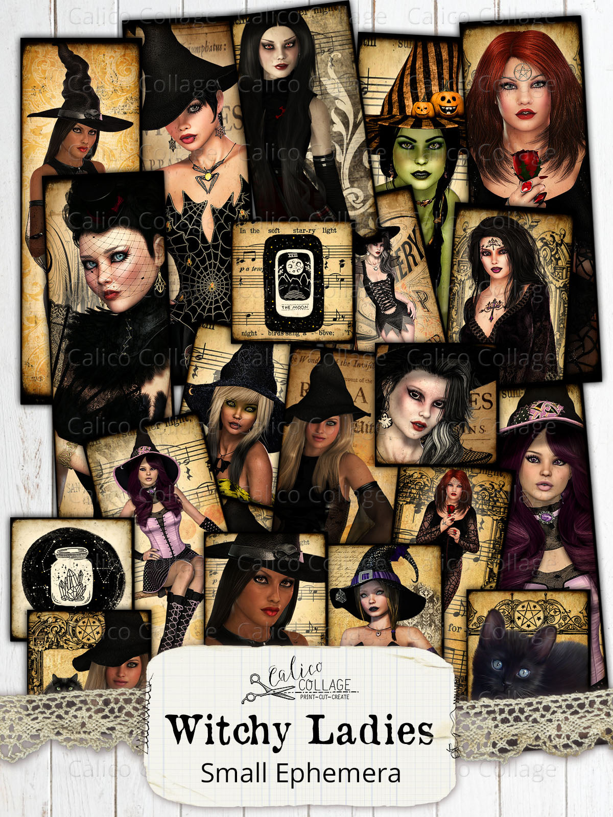 Witchy Ladies Small Ephemera Pack, Printable Witch Ephemera