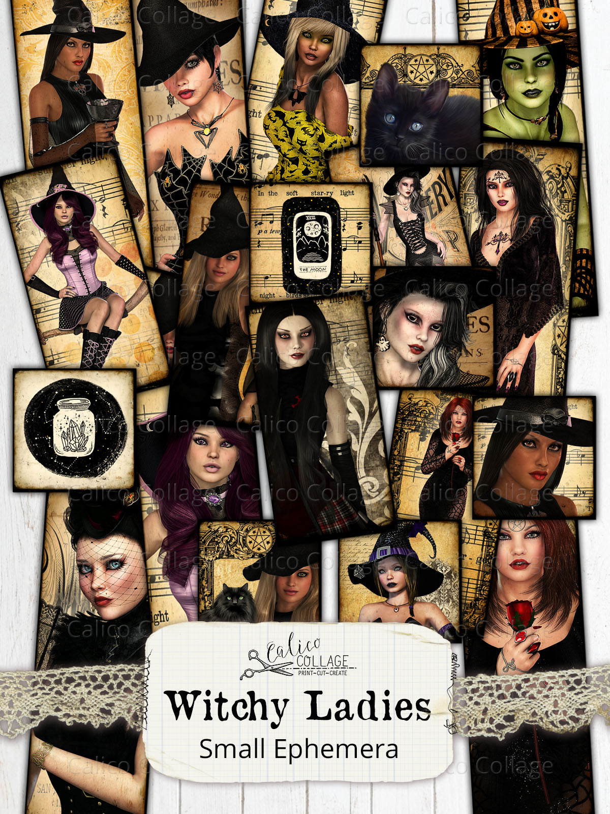 Witchy Ladies Small Ephemera Pack, Printable Witch Ephemera