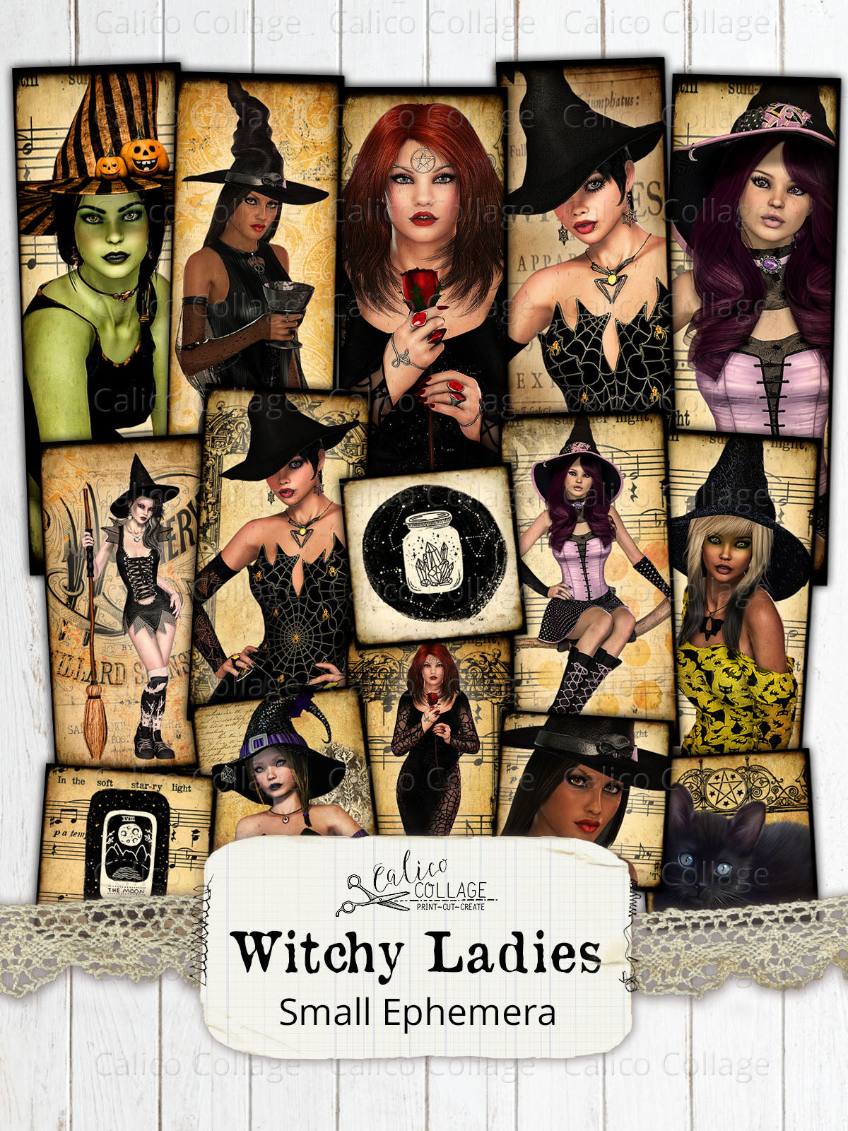 Witchy Ladies Small Ephemera Pack, Printable Witch Ephemera