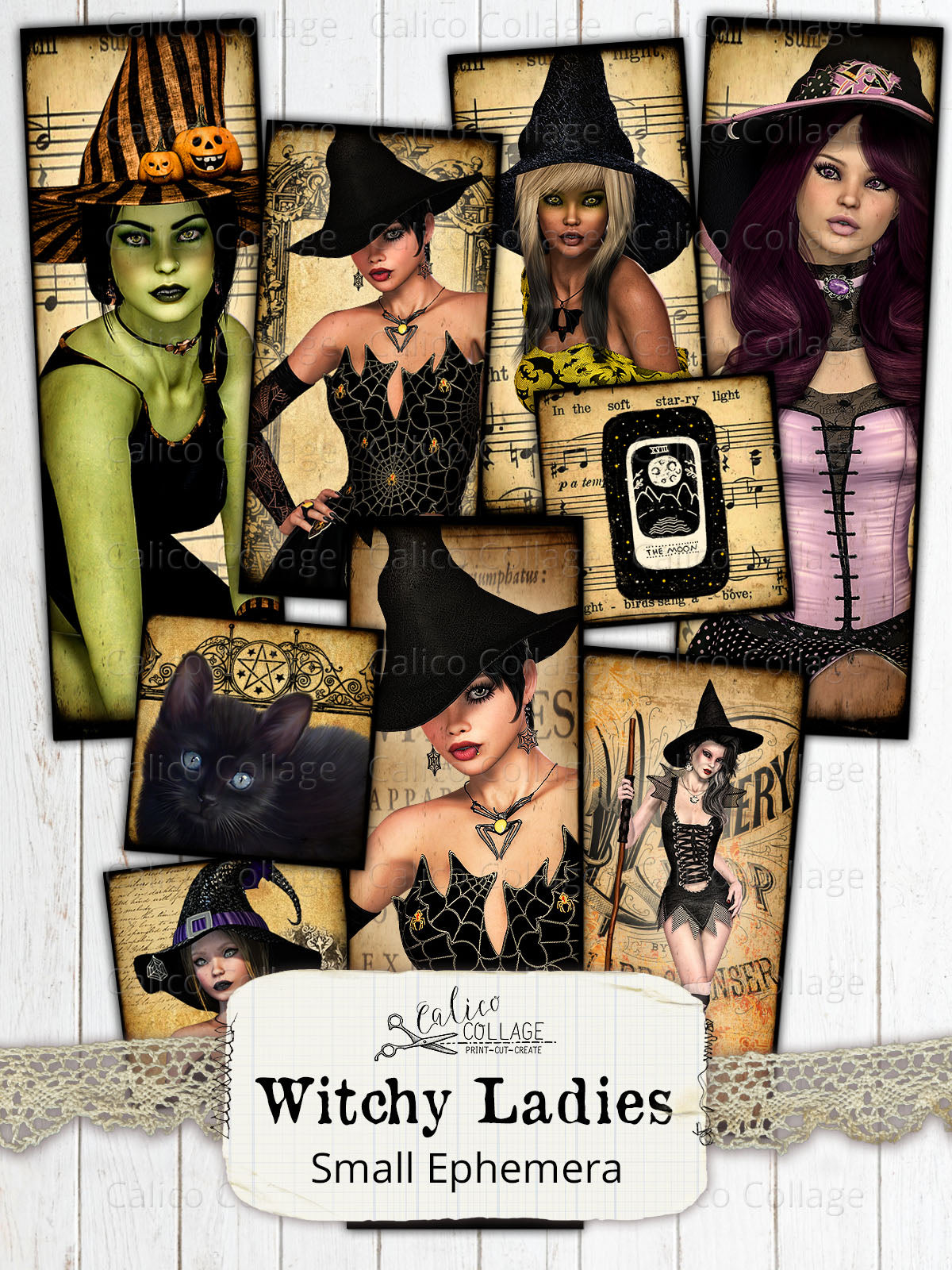 Witchy Ladies Small Ephemera Pack, Printable Witch Ephemera