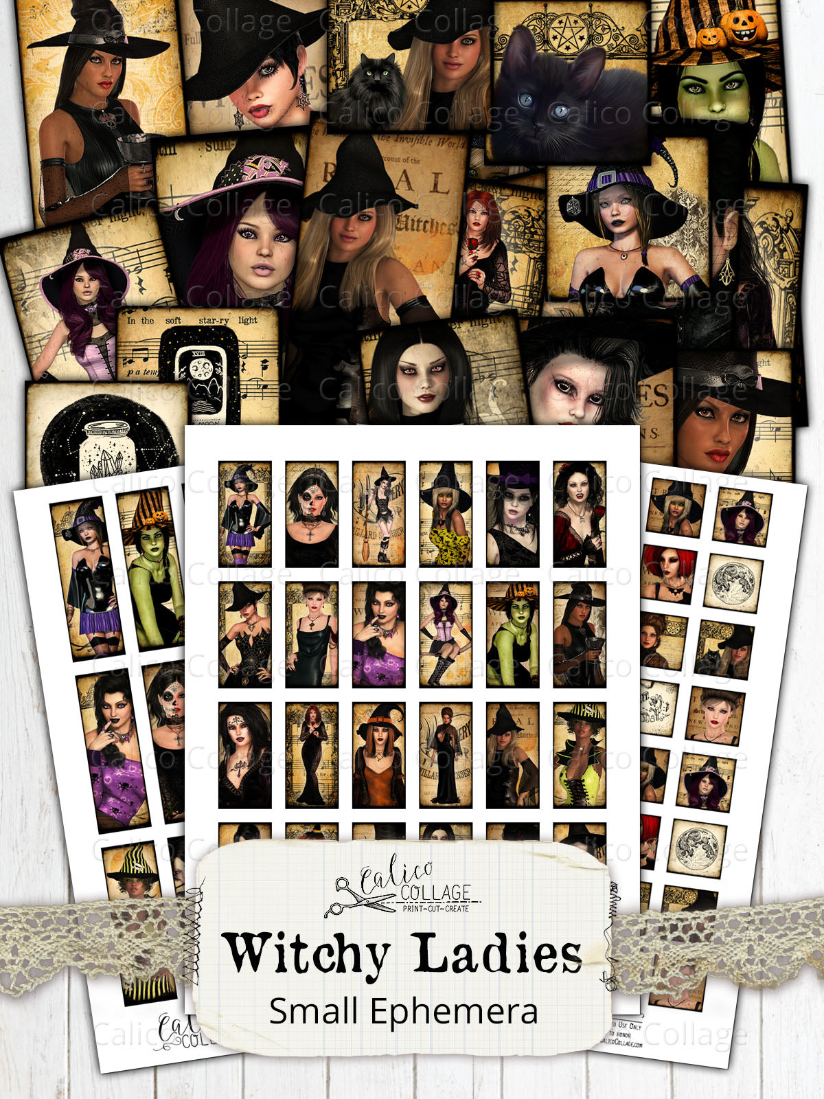 Witchy Ladies Small Ephemera Pack, Printable Witch Ephemera