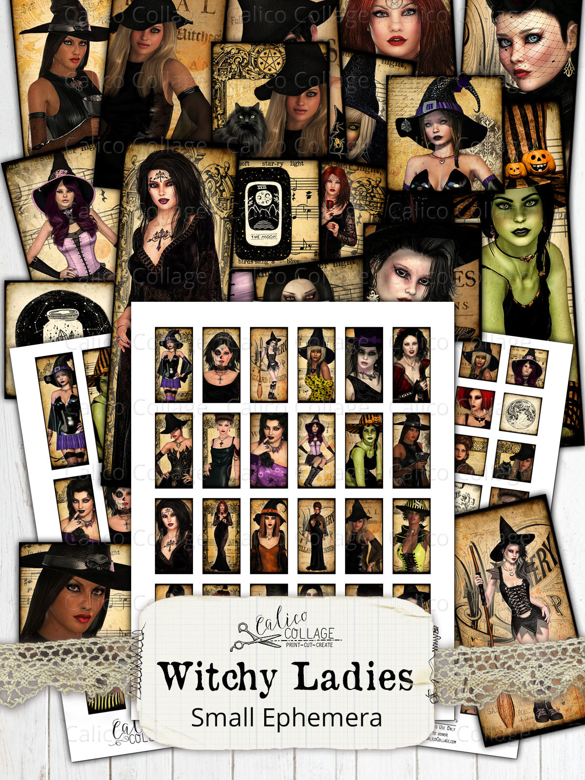 Witchy Ladies Small Ephemera Pack, Printable Witch Ephemera