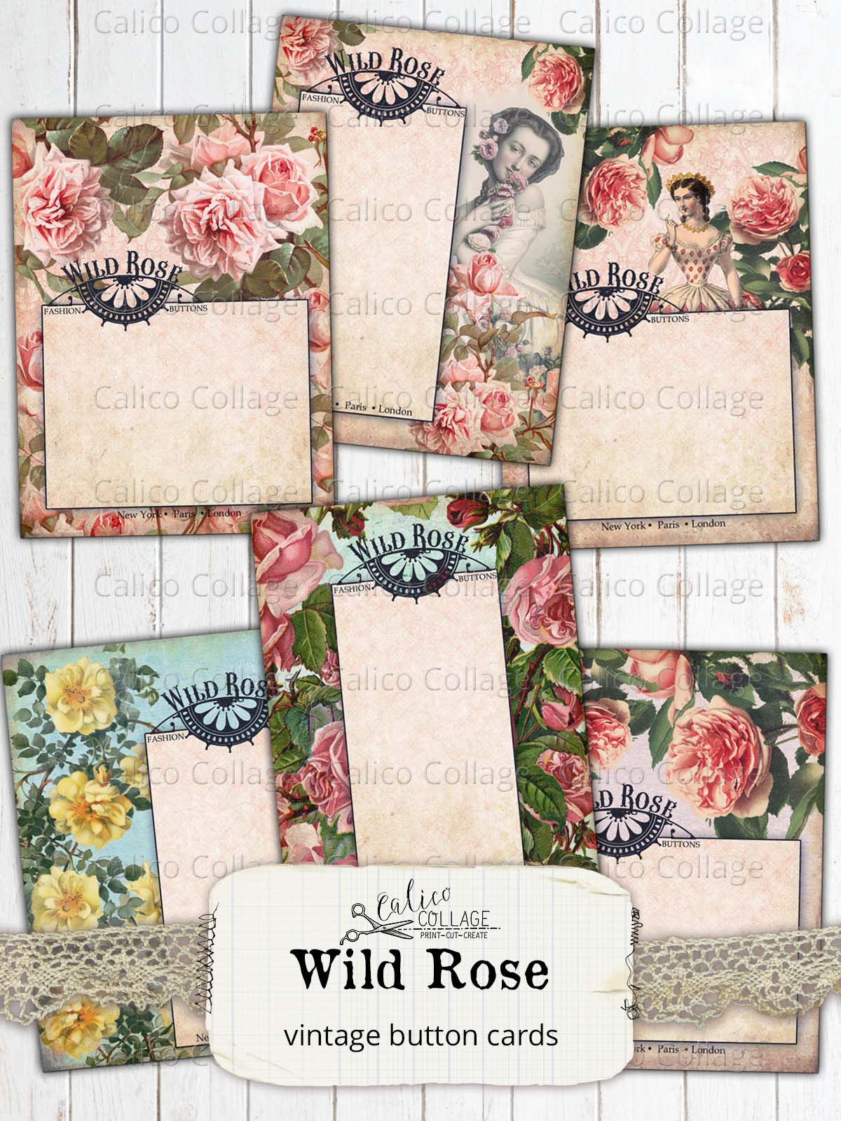 Wild Rose Vintage Button Card Ephemera
