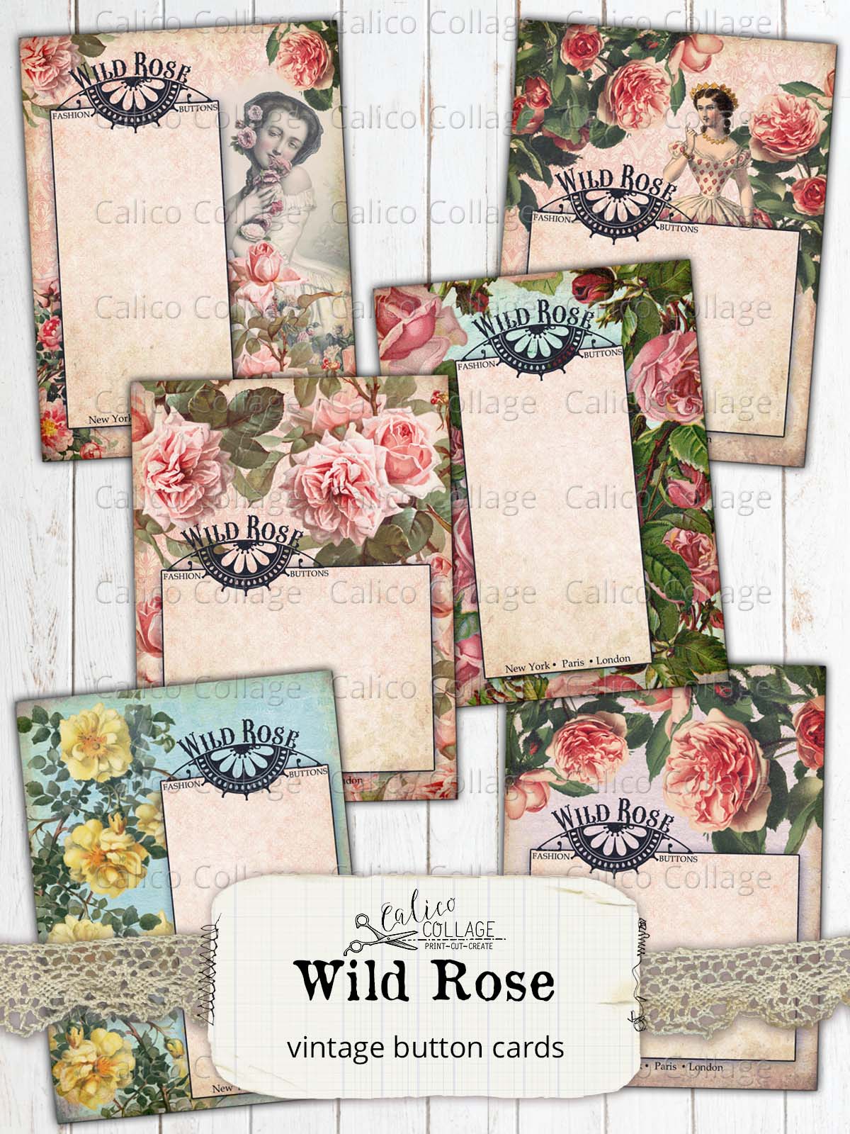 Wild Rose Vintage Button Card Ephemera