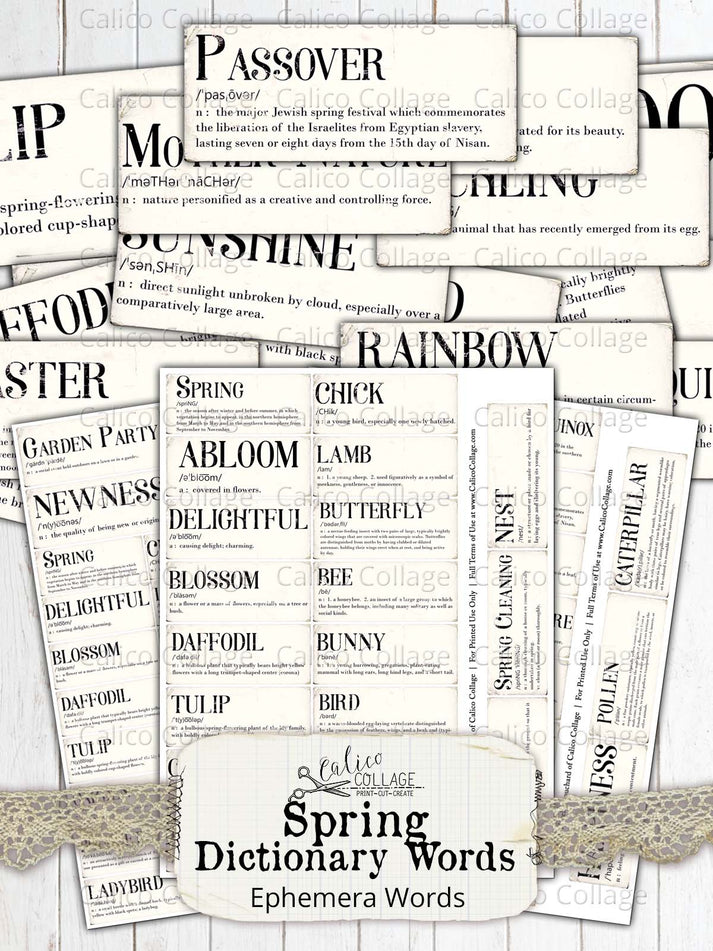 Spring Dictionary Words, Printable Ephemera Words CalicoCollage