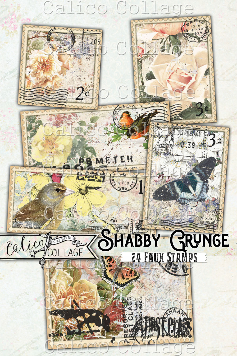 Printable Faux Stamps, Shabby Grunge