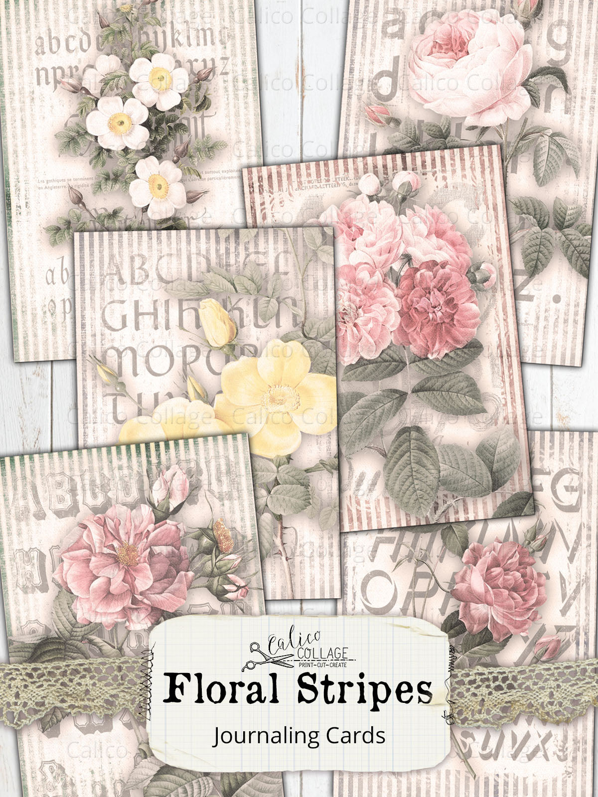 Floral Stripes Junk Journal Ephemera Card