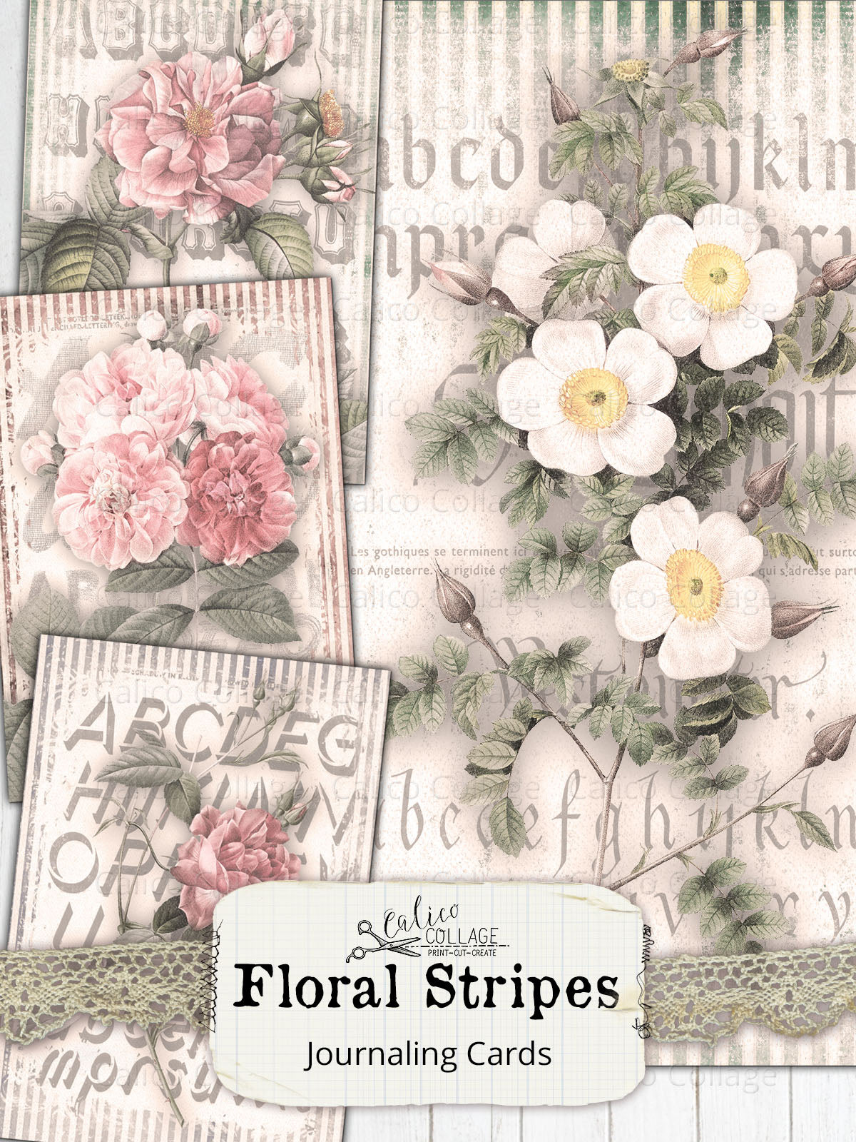 Floral Stripes Junk Journal Ephemera Card