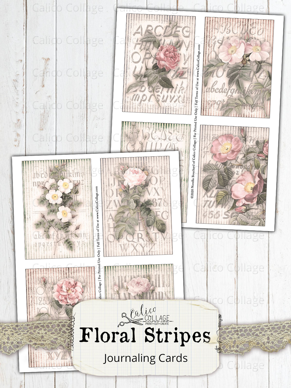 Floral Stripes Junk Journal Ephemera Card