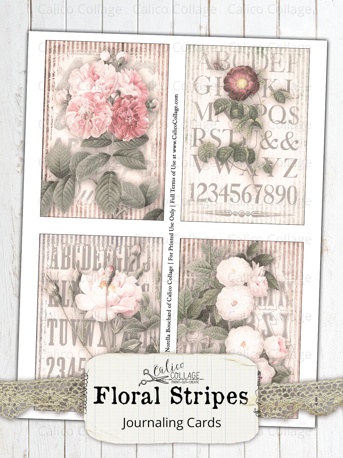 Floral Stripes Junk Journal Ephemera Card