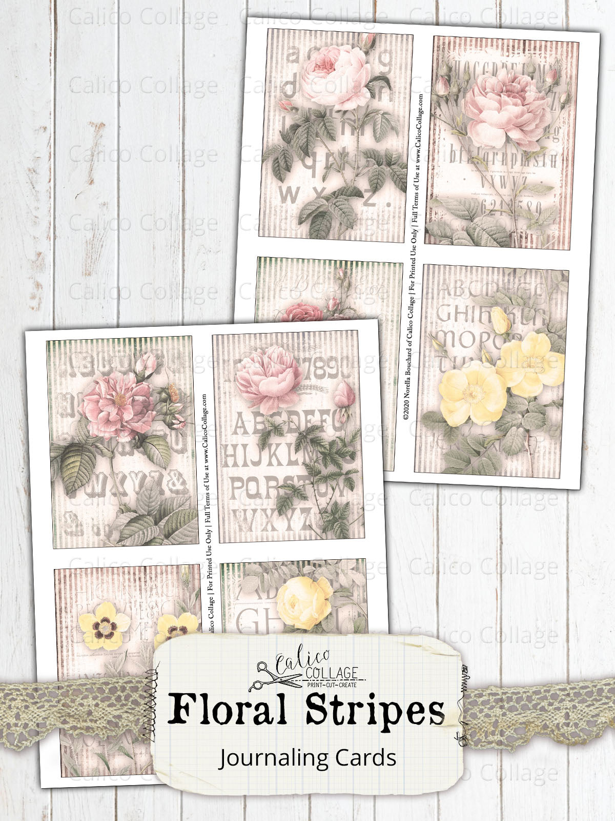 Floral Stripes Junk Journal Ephemera Card