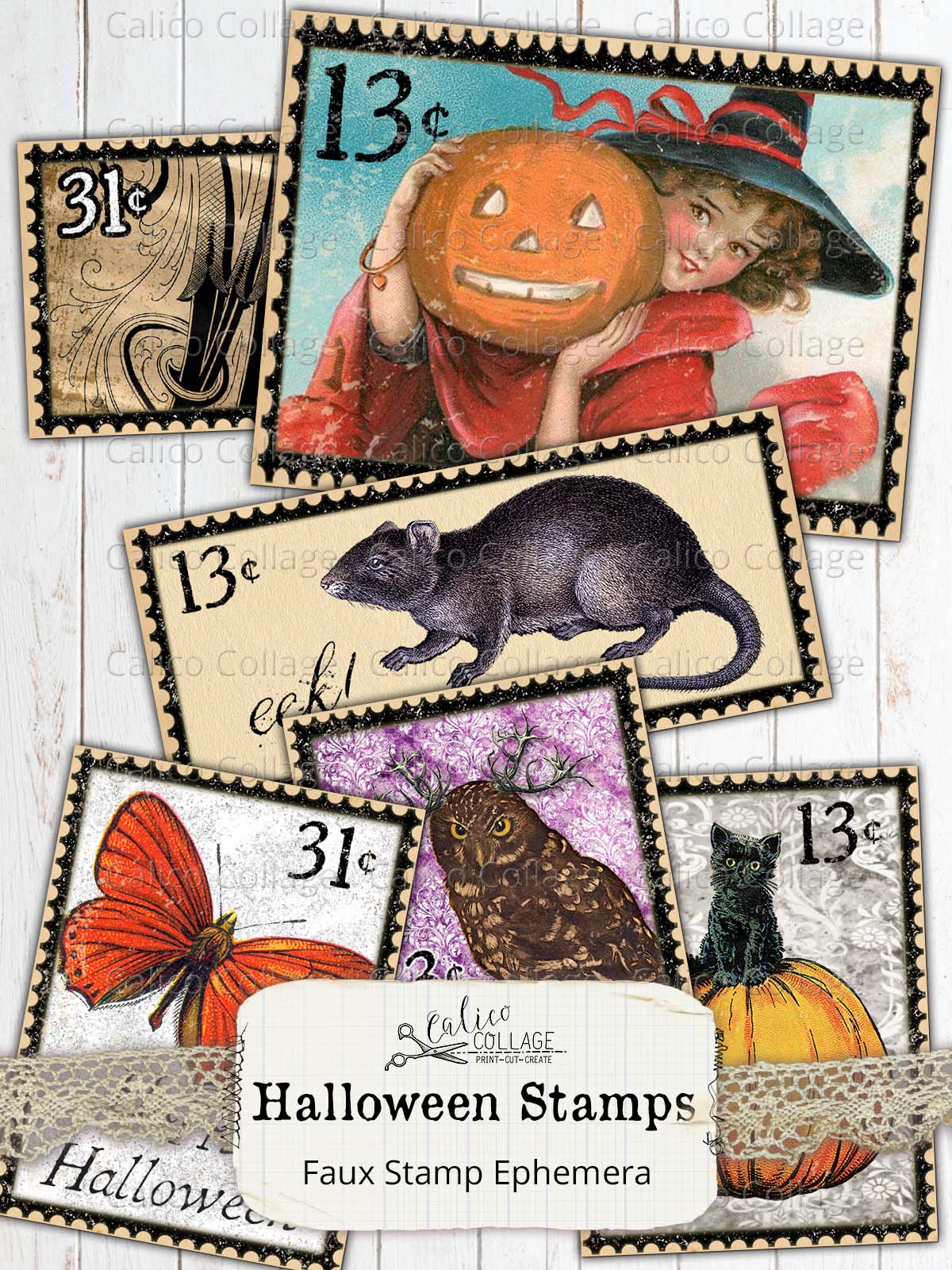 Vintage Halloween Stamps, Junk Journal Supplies