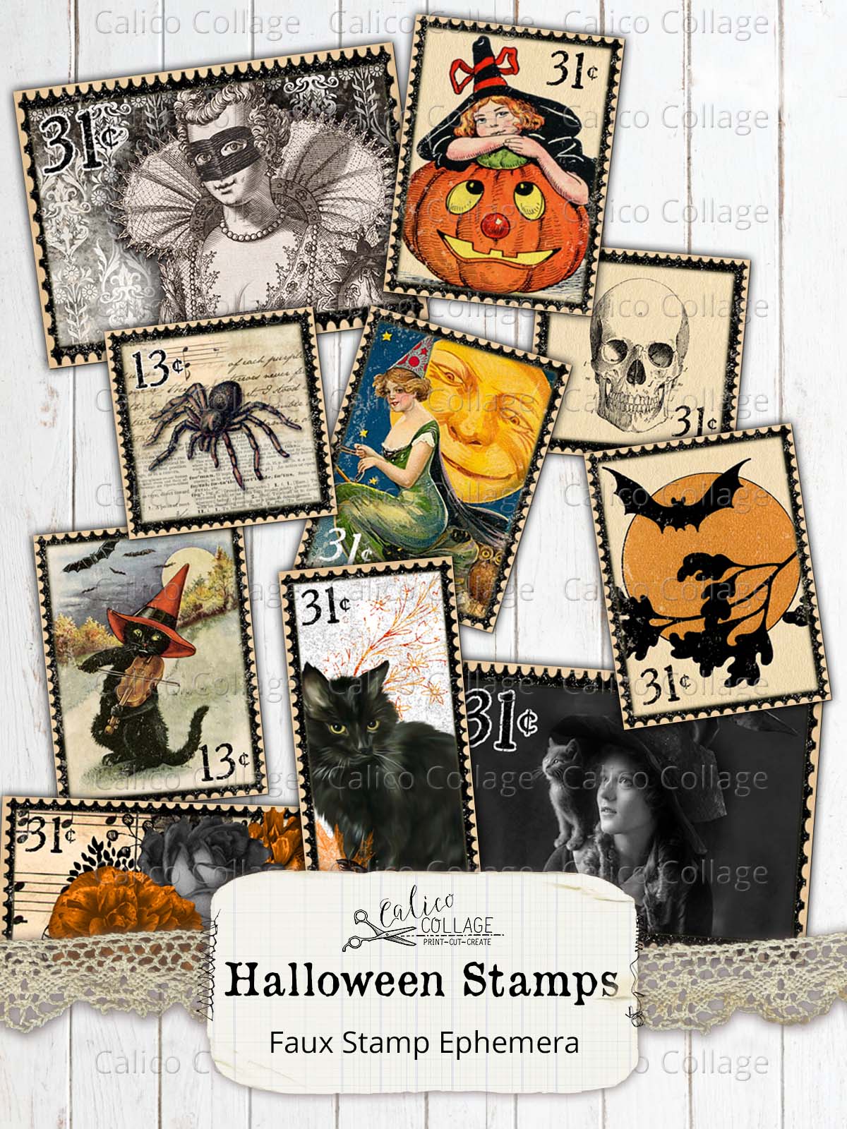 Vintage Halloween Stamps, Junk Journal Supplies