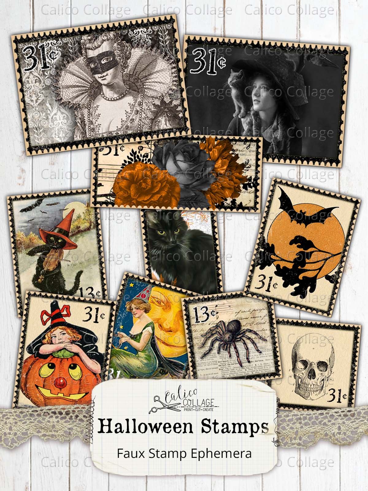 Vintage Halloween Stamps, Junk Journal Supplies