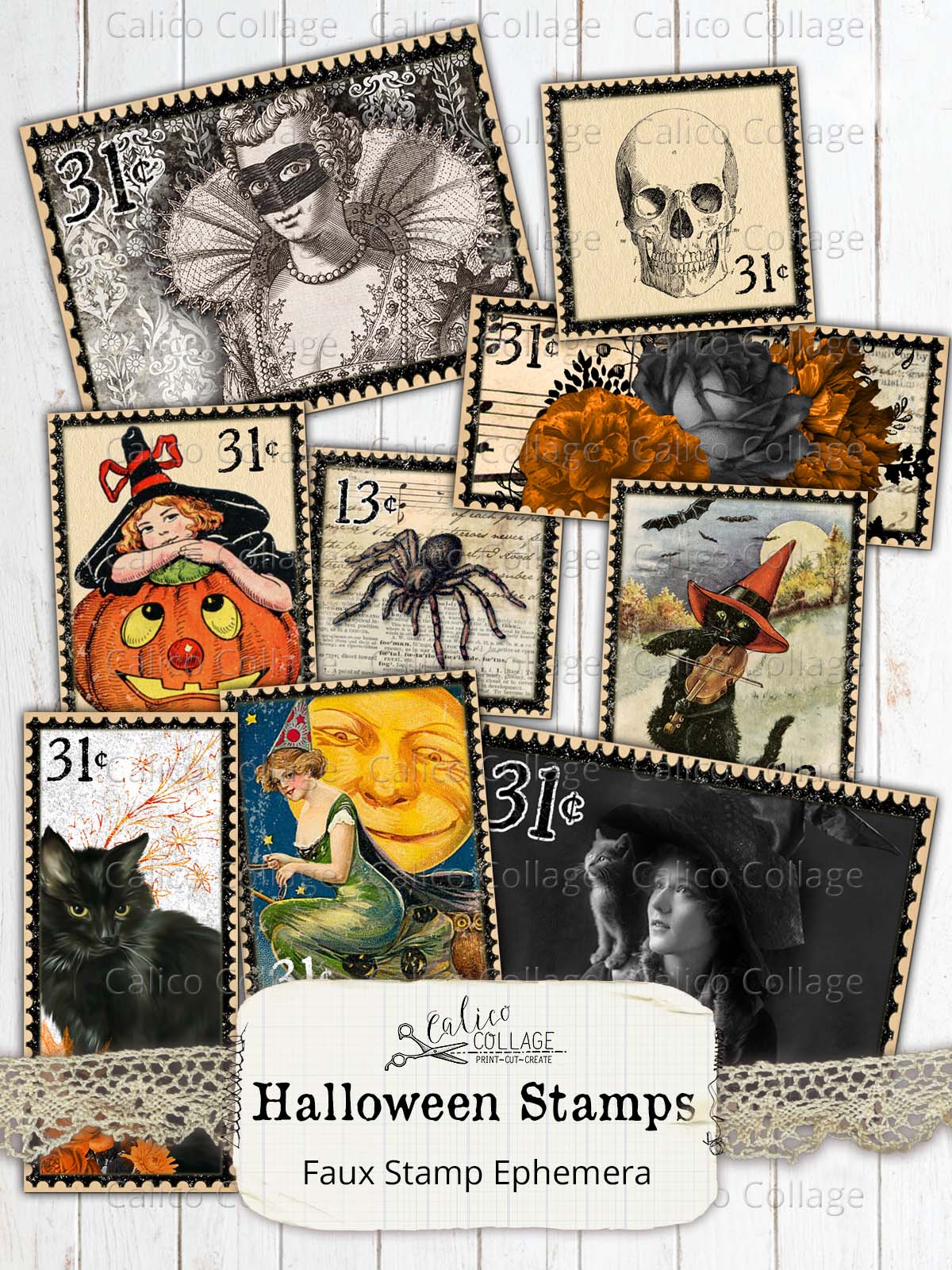 Vintage Halloween Stamps, Junk Journal Supplies