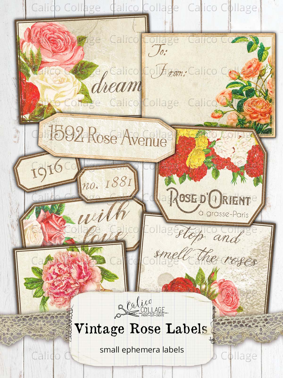 Vintage Rose Labels, Junk Journal Supplies