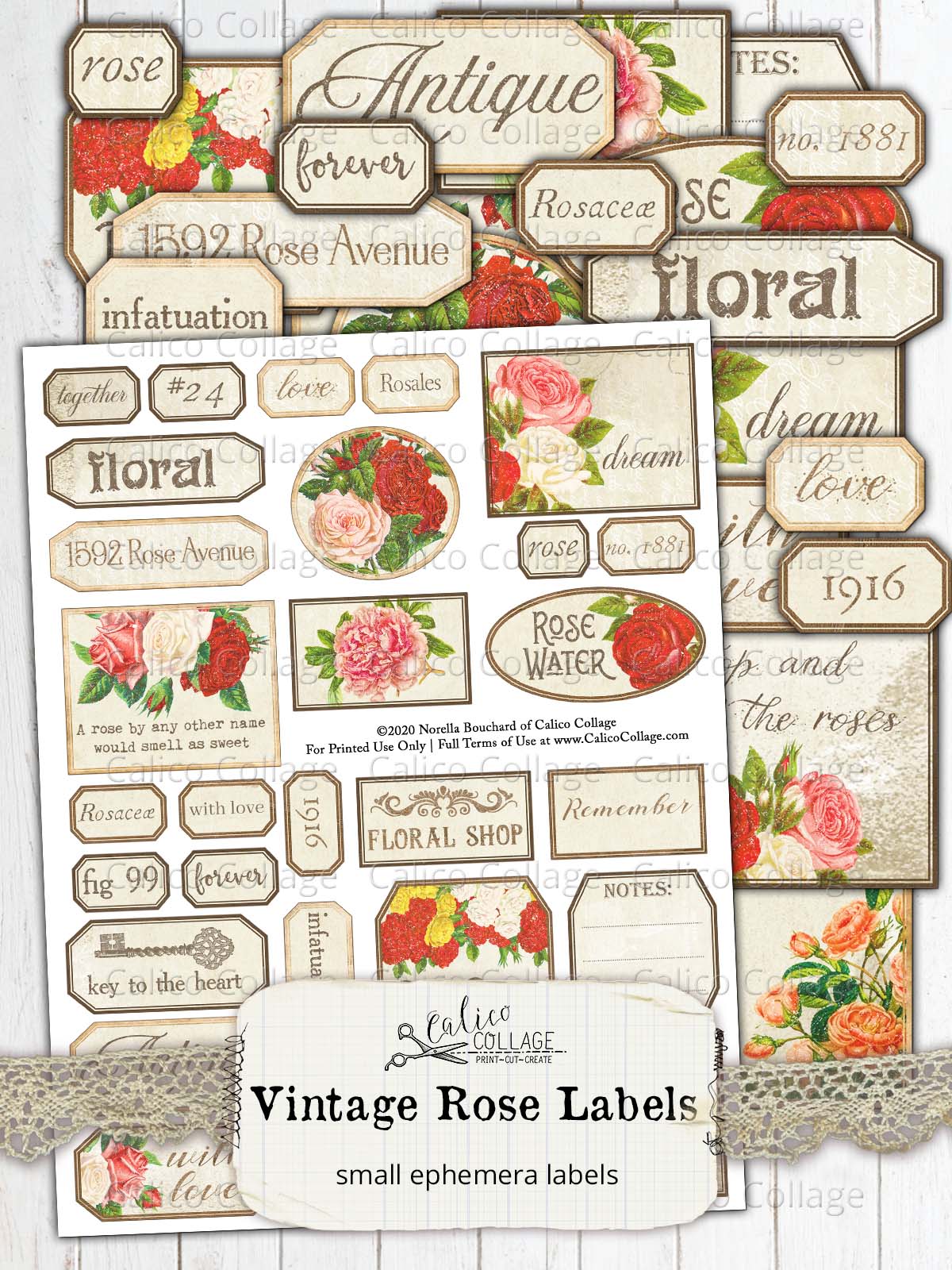 Vintage Rose Labels, Junk Journal Supplies