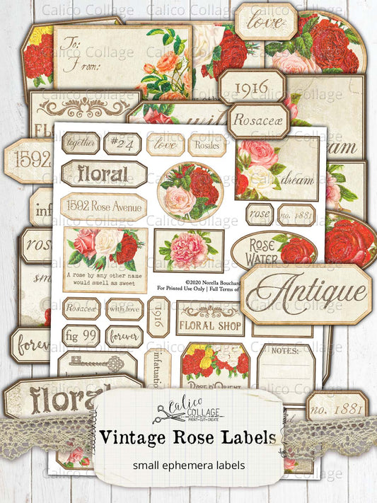 Vintage Rose Labels, Junk Journal Supplies