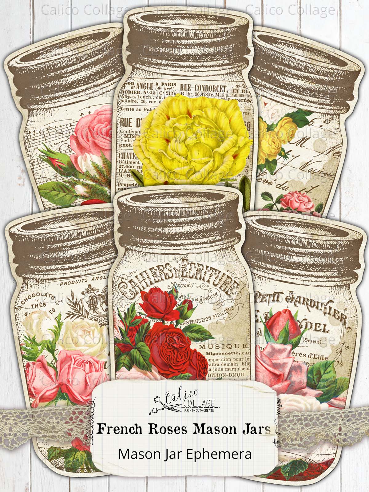 French Roses Mason Jar Tags, Junk Journal Supplies