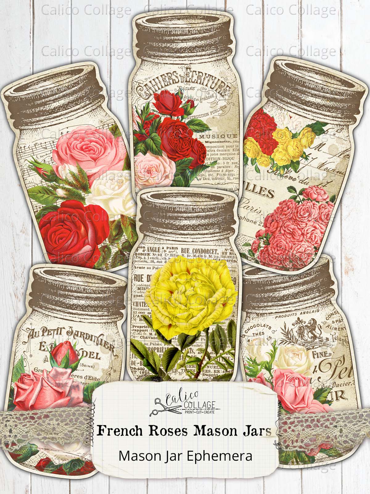 French Roses Mason Jar Tags, Junk Journal Supplies