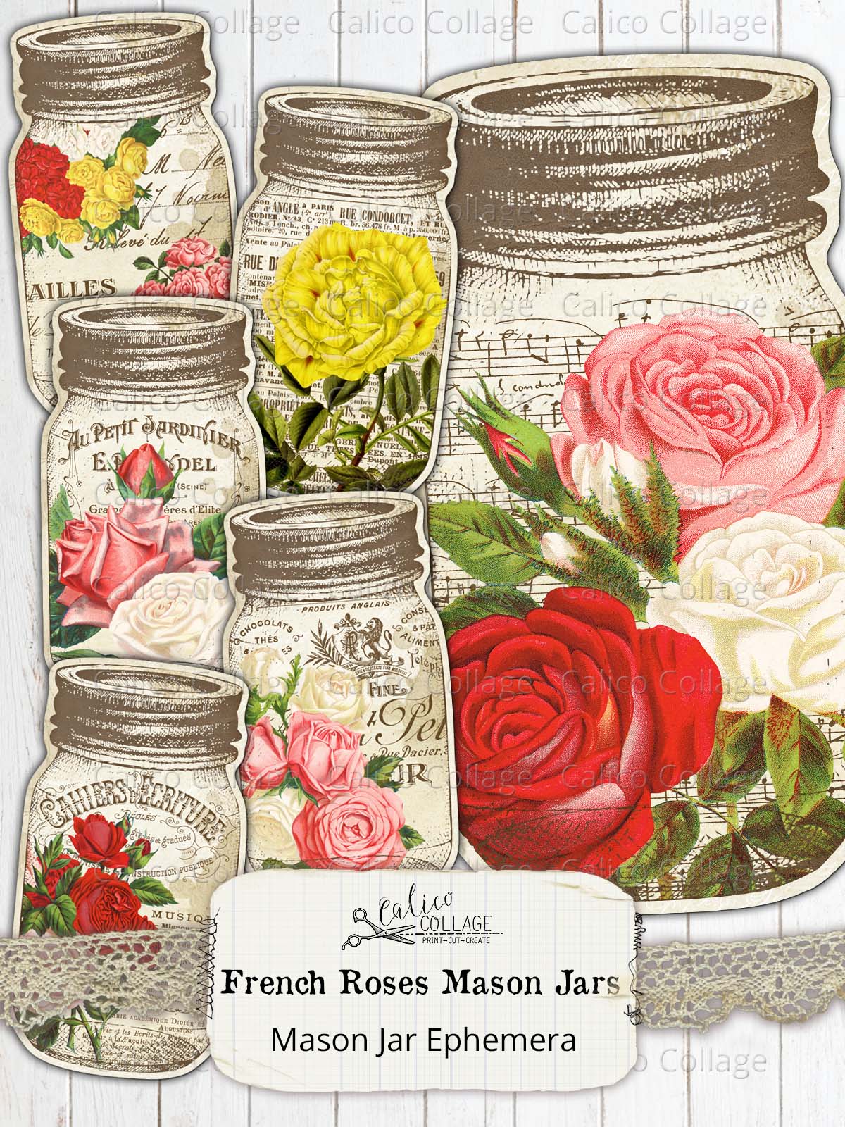 French Roses Mason Jar Tags, Junk Journal Supplies