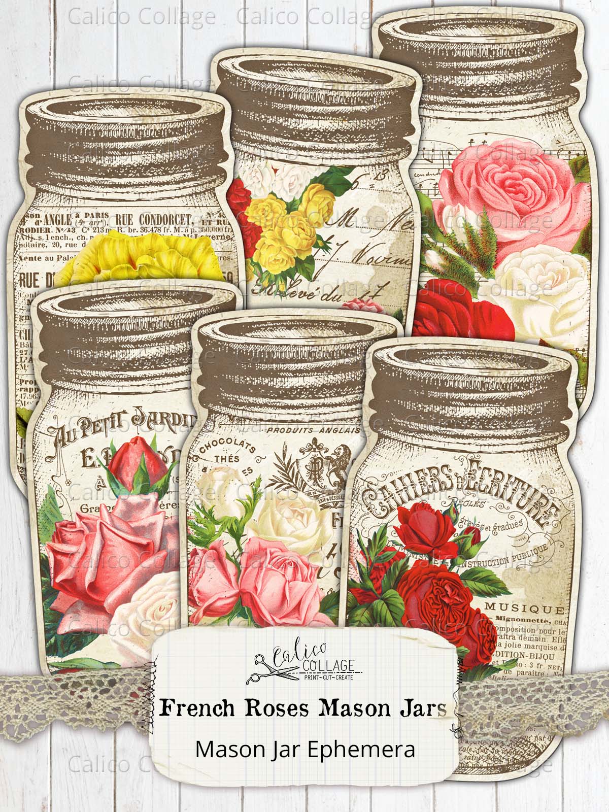French Roses Mason Jar Tags, Junk Journal Supplies