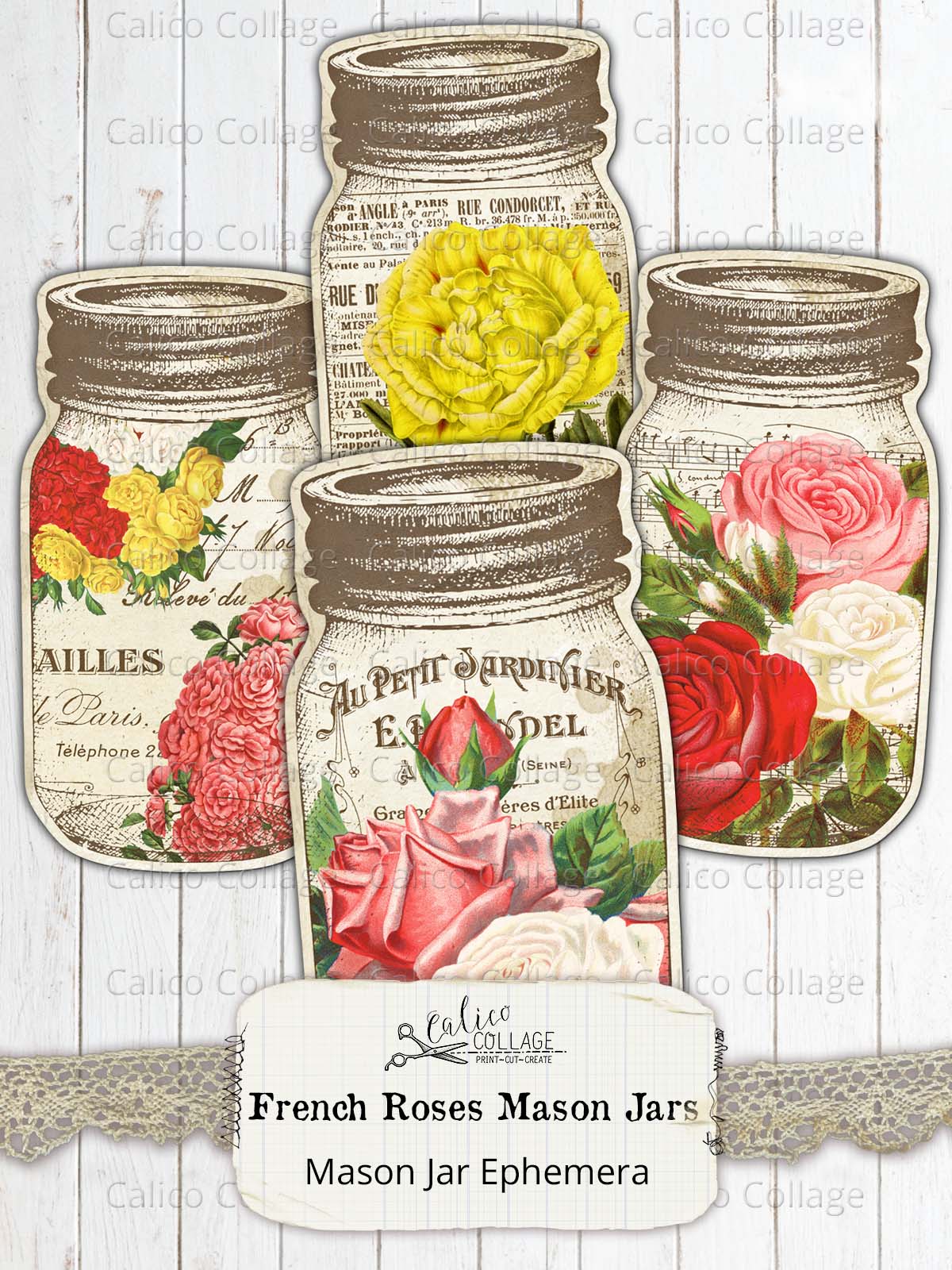 French Roses Mason Jar Tags, Junk Journal Supplies