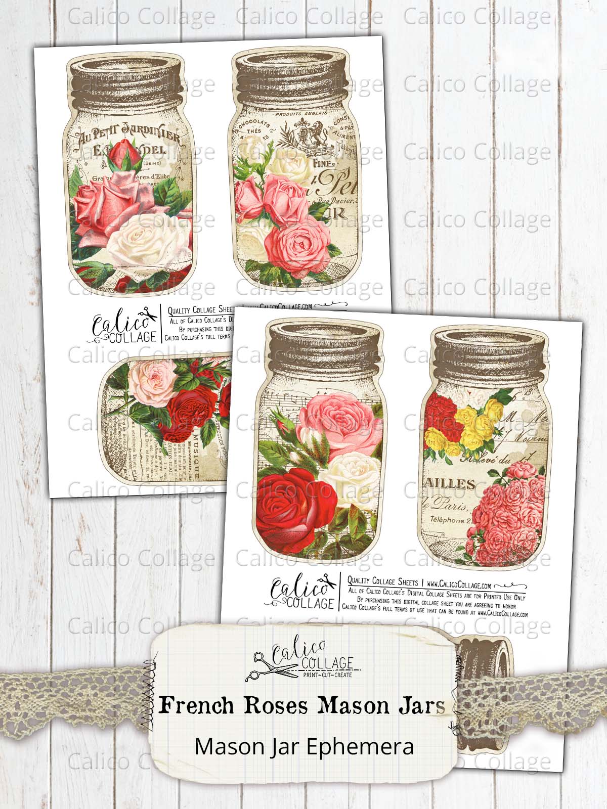 French Roses Mason Jar Tags, Junk Journal Supplies