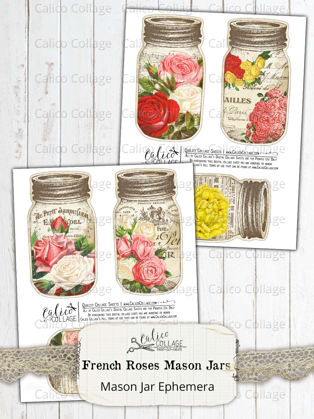 French Roses Mason Jar Tags, Junk Journal Supplies