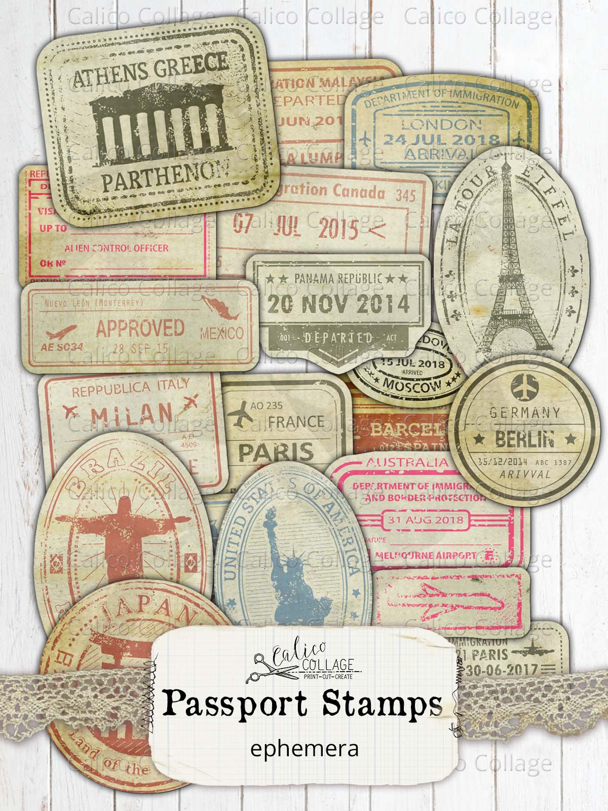 Printable Passport Stamps, Junk Journal Supplies