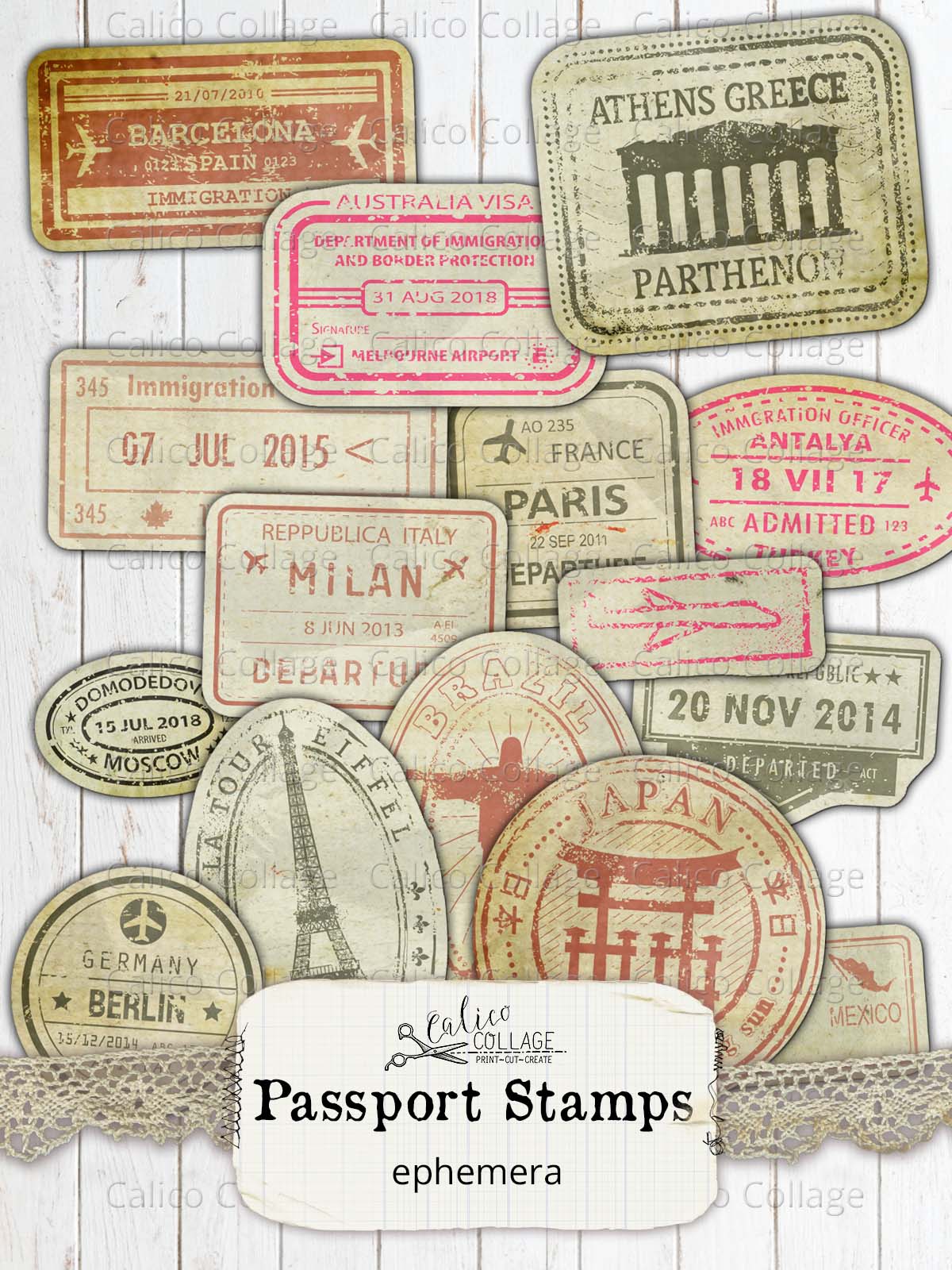 Printable Passport Stamps, Junk Journal Supplies