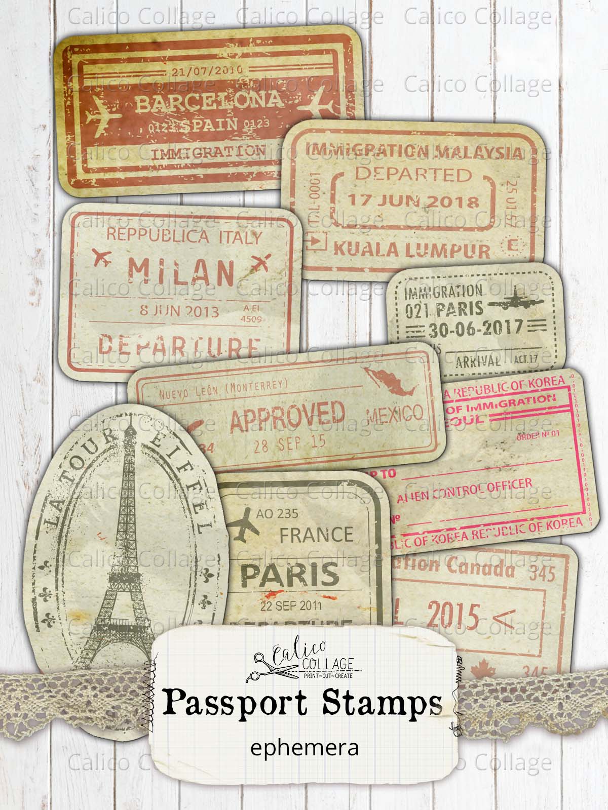 Printable Passport Stamps, Junk Journal Supplies