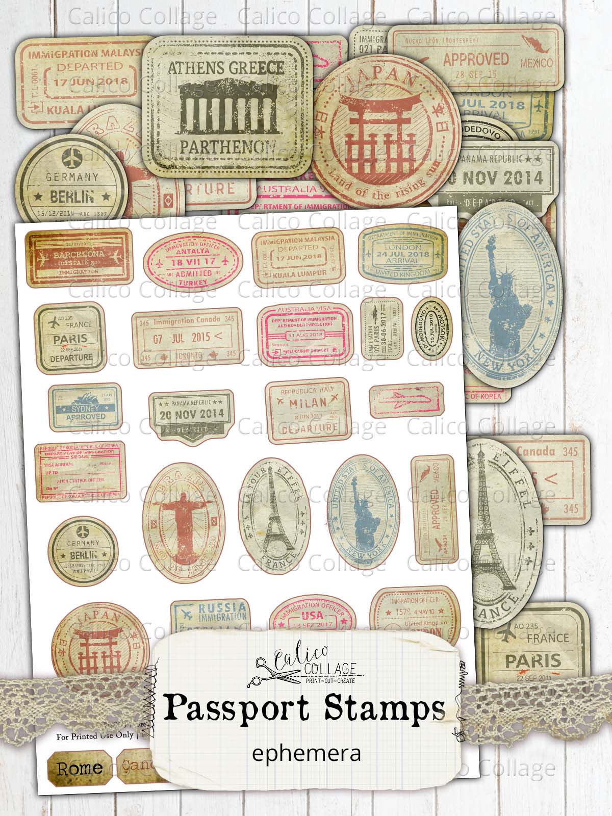 Printable Passport Stamps, Junk Journal Supplies