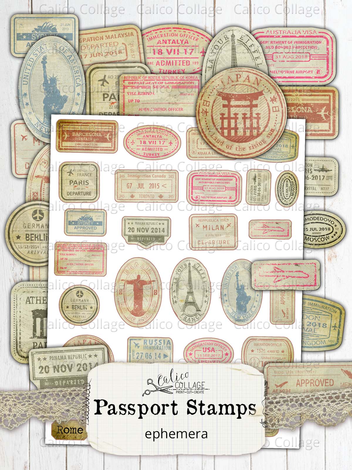 Printable Passport Stamps, Junk Journal Supplies