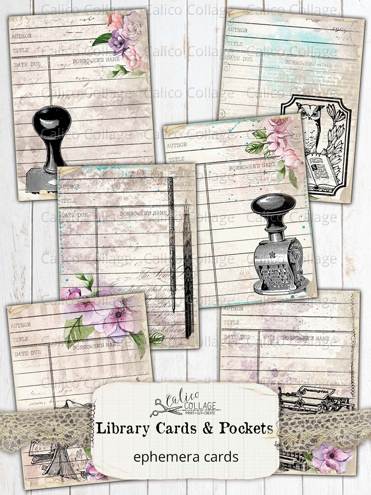 Library Cards & Pockets, Junk Journal Printable Ephemera