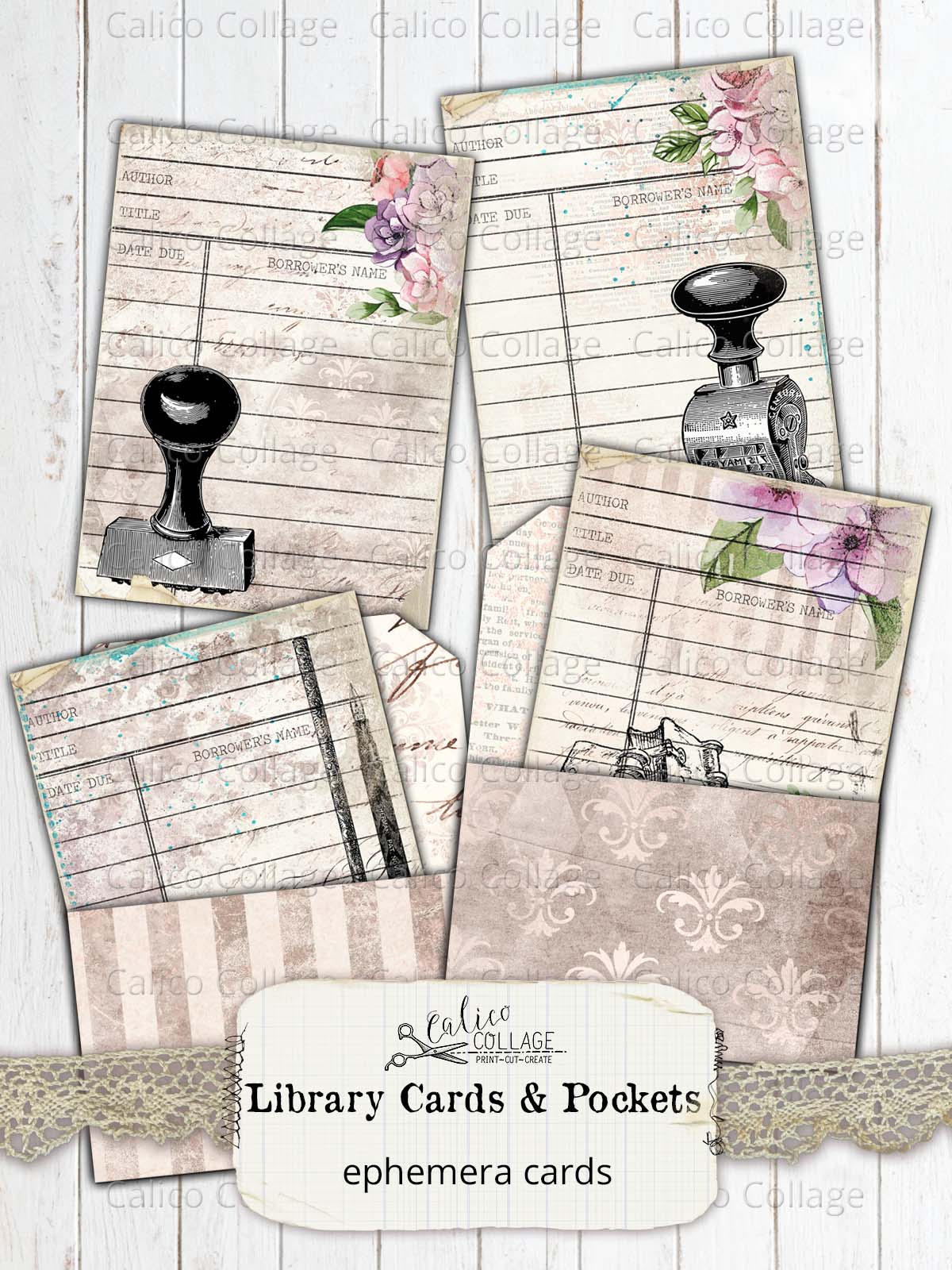 Library Cards & Pockets, Junk Journal Printable Ephemera