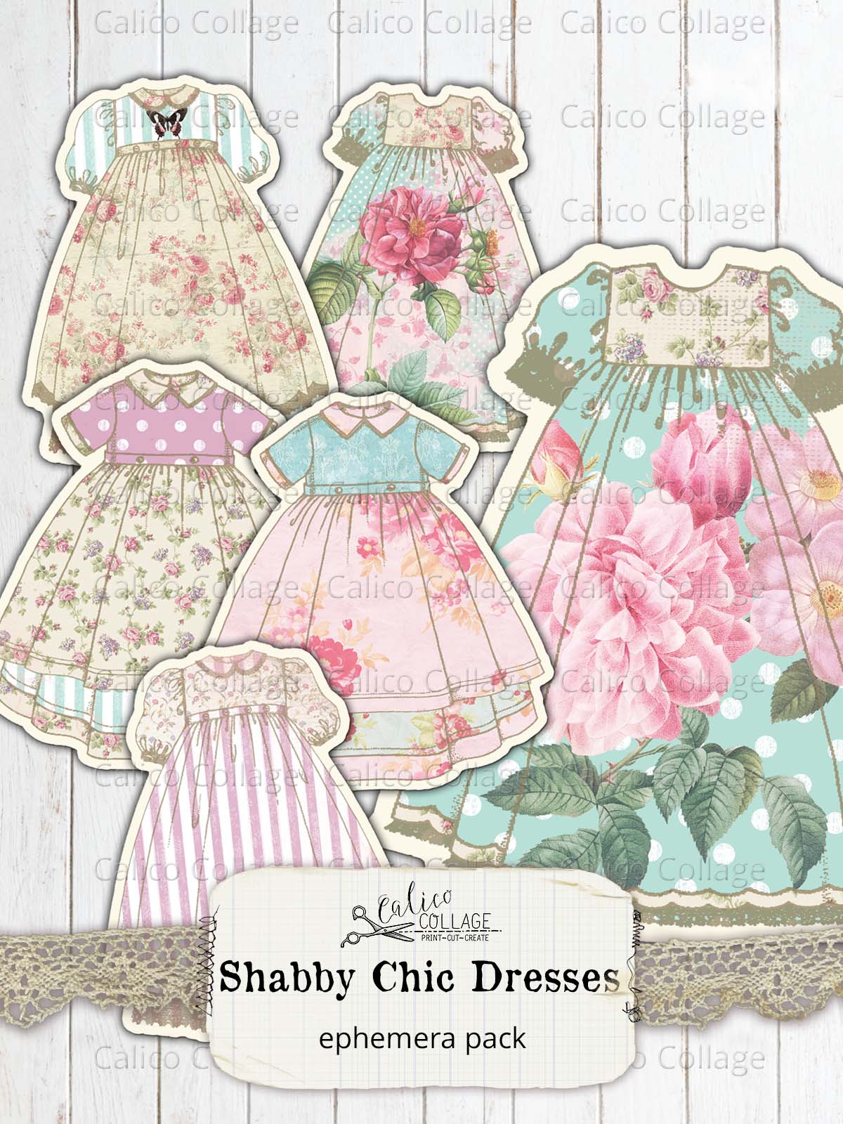 Shabby Chic Dresses, Junk Journal Ephemera Pack, Victorian Rose