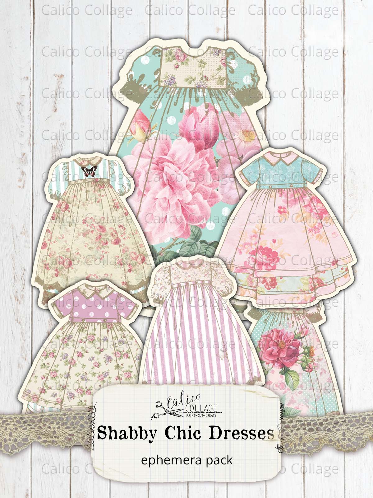 Shabby Chic Dresses, Junk Journal Ephemera Pack, Victorian Rose