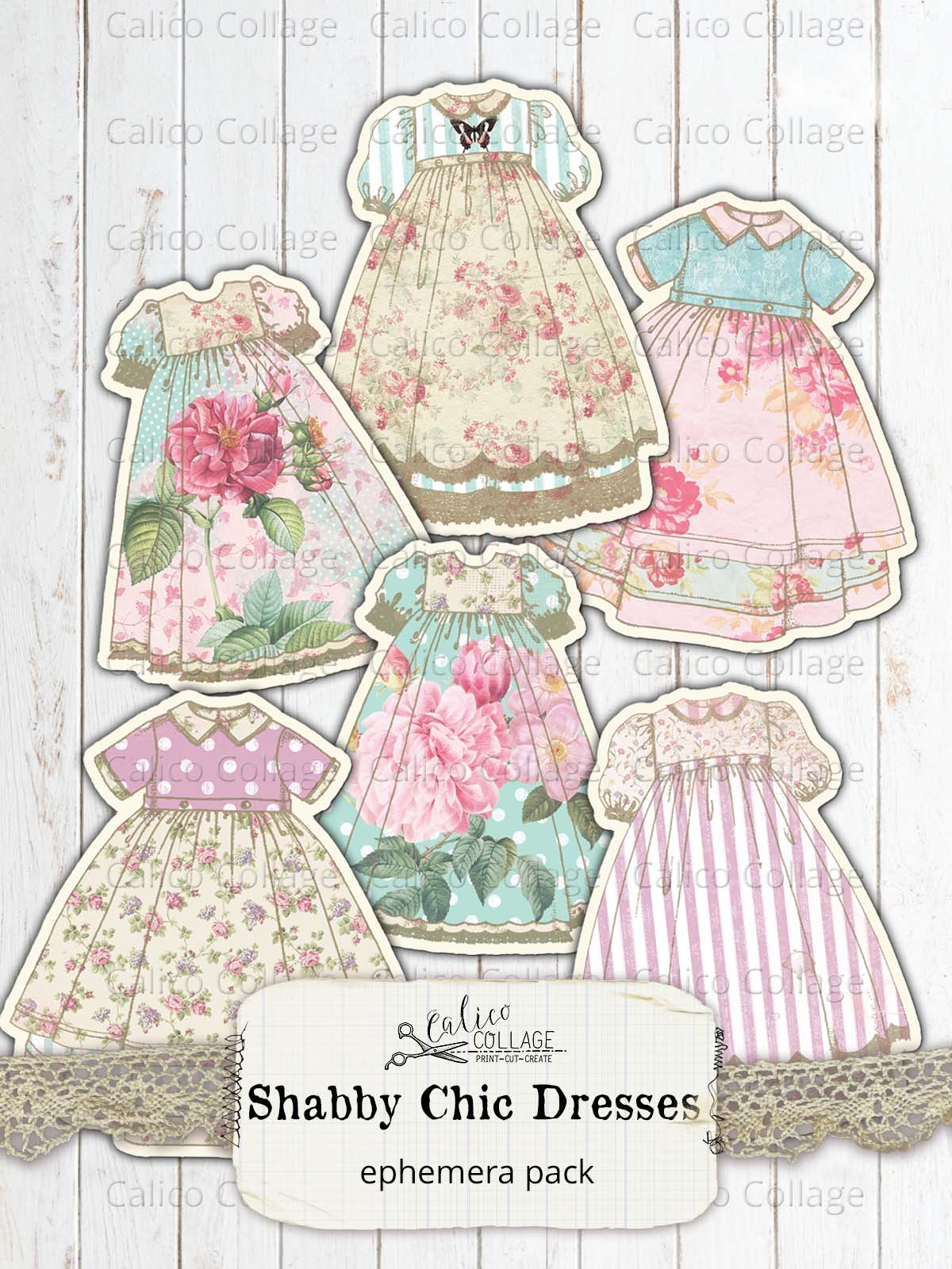 Shabby Chic Dresses, Junk Journal Ephemera Pack, Victorian Rose