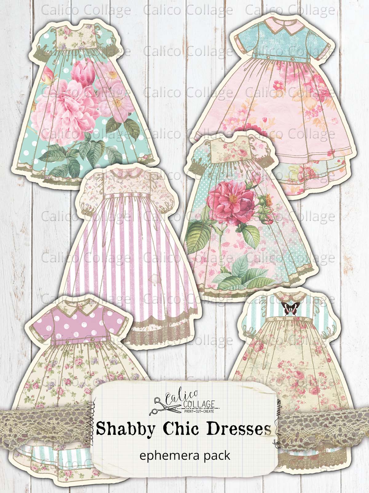 Shabby Chic Dresses, Junk Journal Ephemera Pack, Victorian Rose