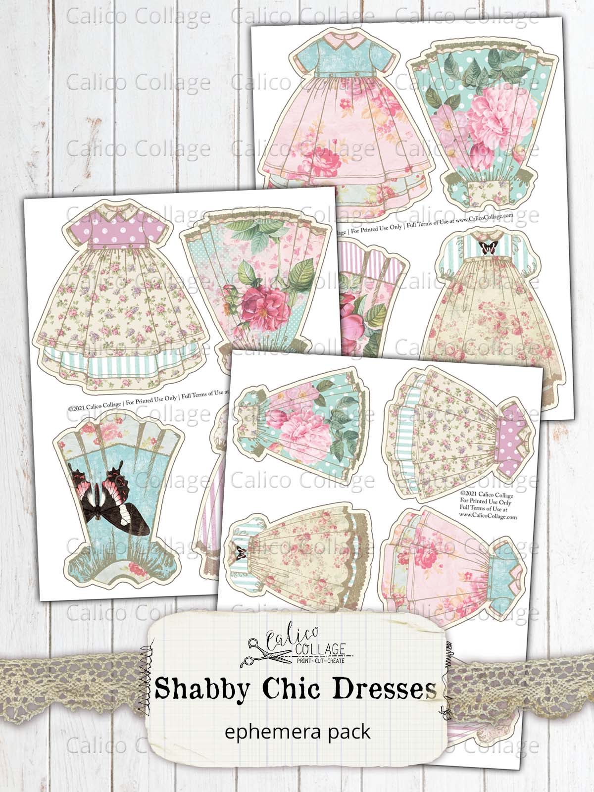 Shabby Chic Dresses, Junk Journal Ephemera Pack, Victorian Rose