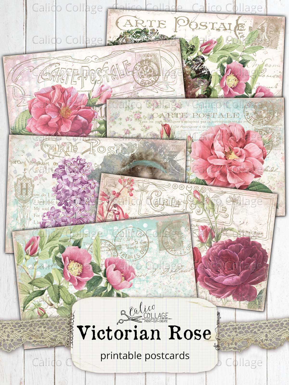 Shabby Chic Postcard Ephemera, Victorian Rose