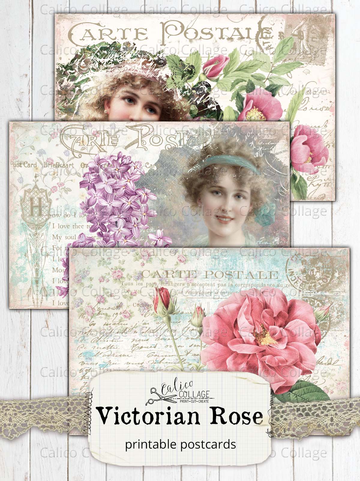 Shabby Chic Postcard Ephemera, Victorian Rose