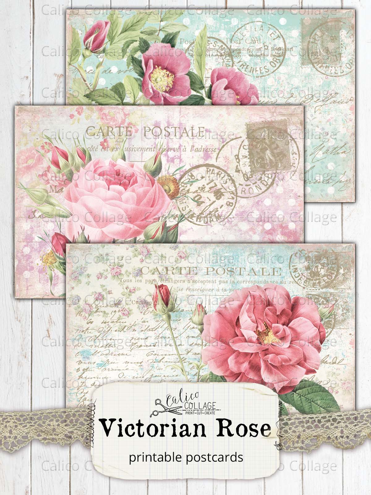 Shabby Chic Postcard Ephemera, Victorian Rose