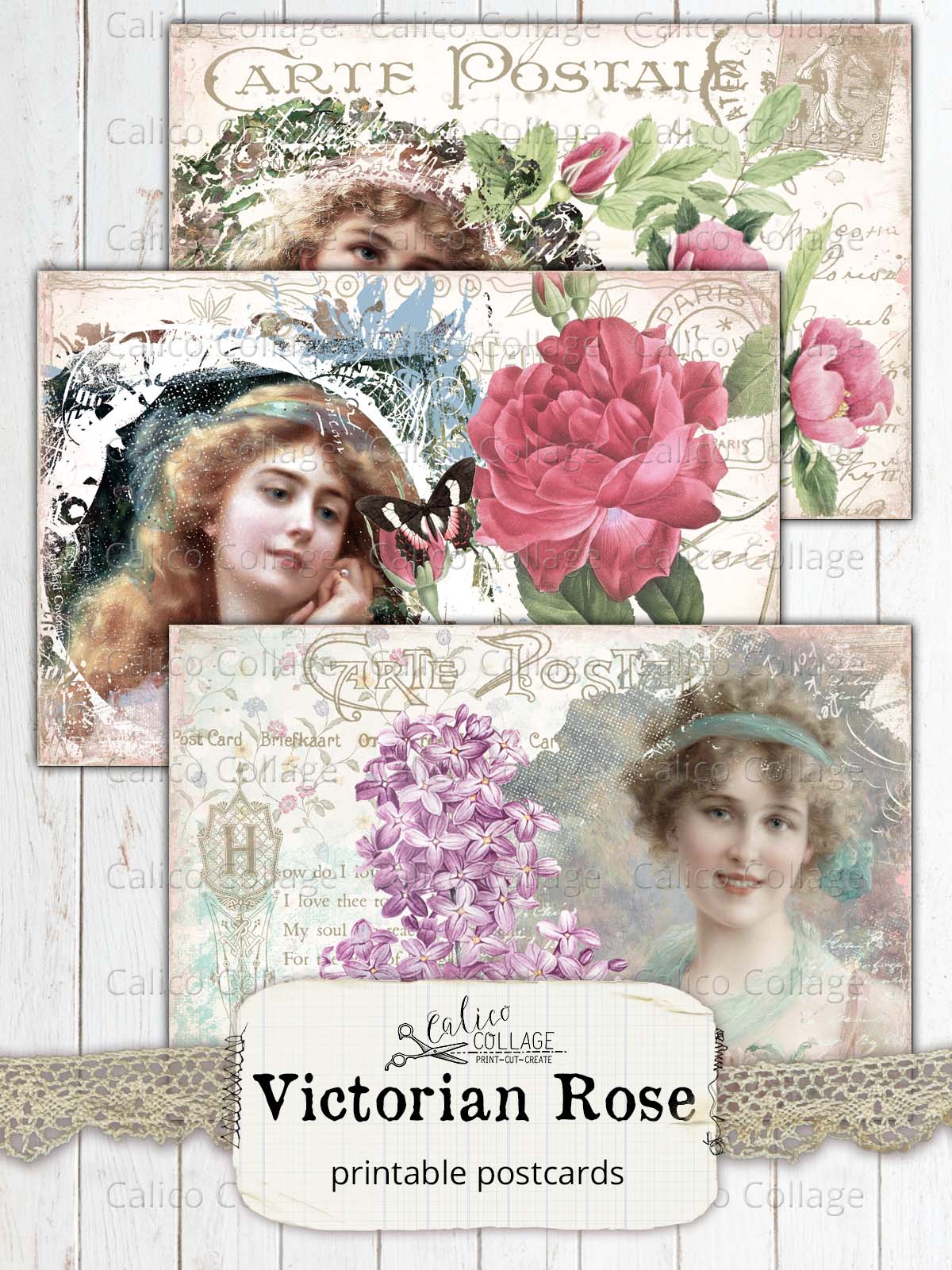 Shabby Chic Postcard Ephemera, Victorian Rose