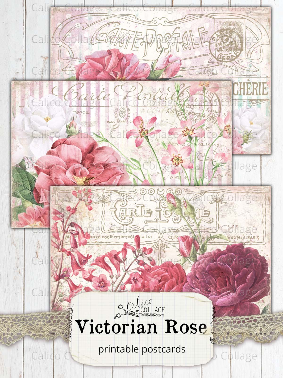 Shabby Chic Postcard Ephemera, Victorian Rose