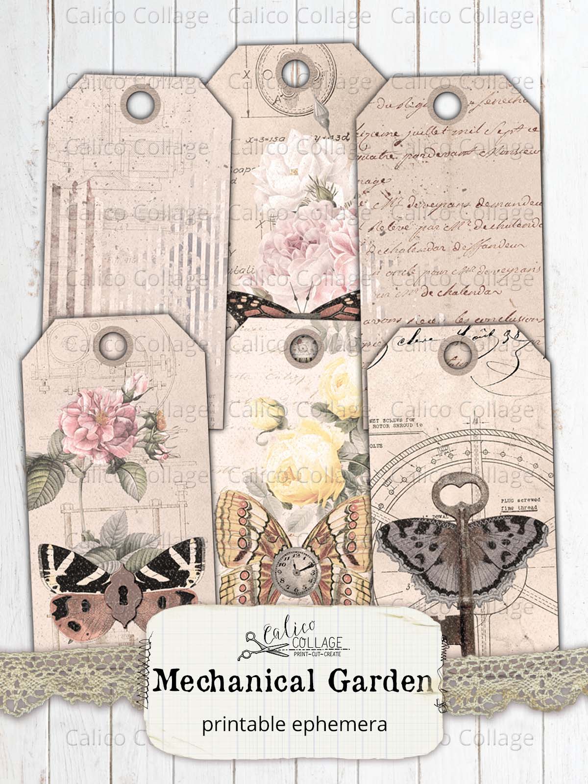 Steampunk Junk Journal Tags, Mechanical Garden