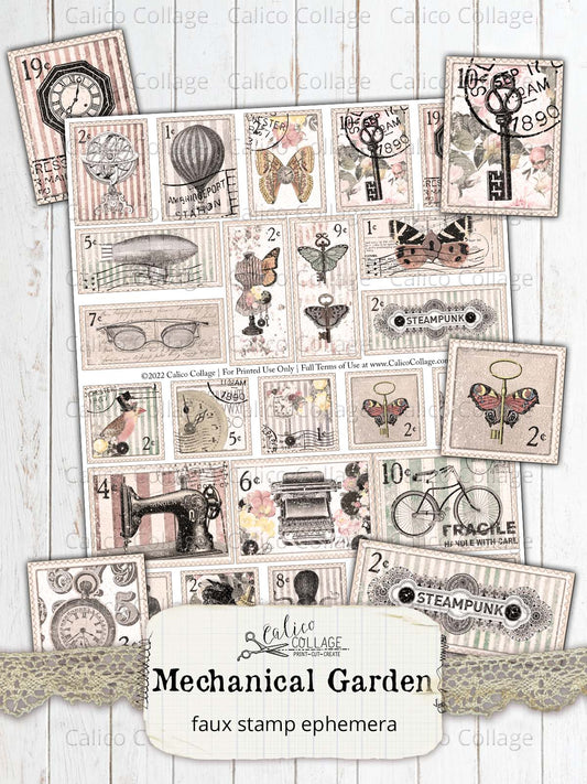 Steampunk Faux Stamps, Junk Journal Ephemera, Mechanical Garden